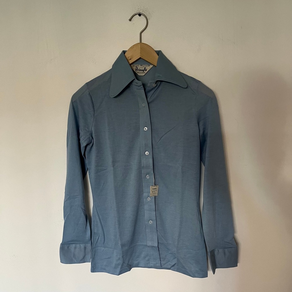 Vintage Pringle of Scotland Blue Dagger Collar Button Down Shirt Size 8 34